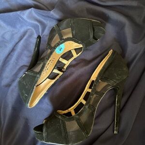 Black velvet mesh platform heels